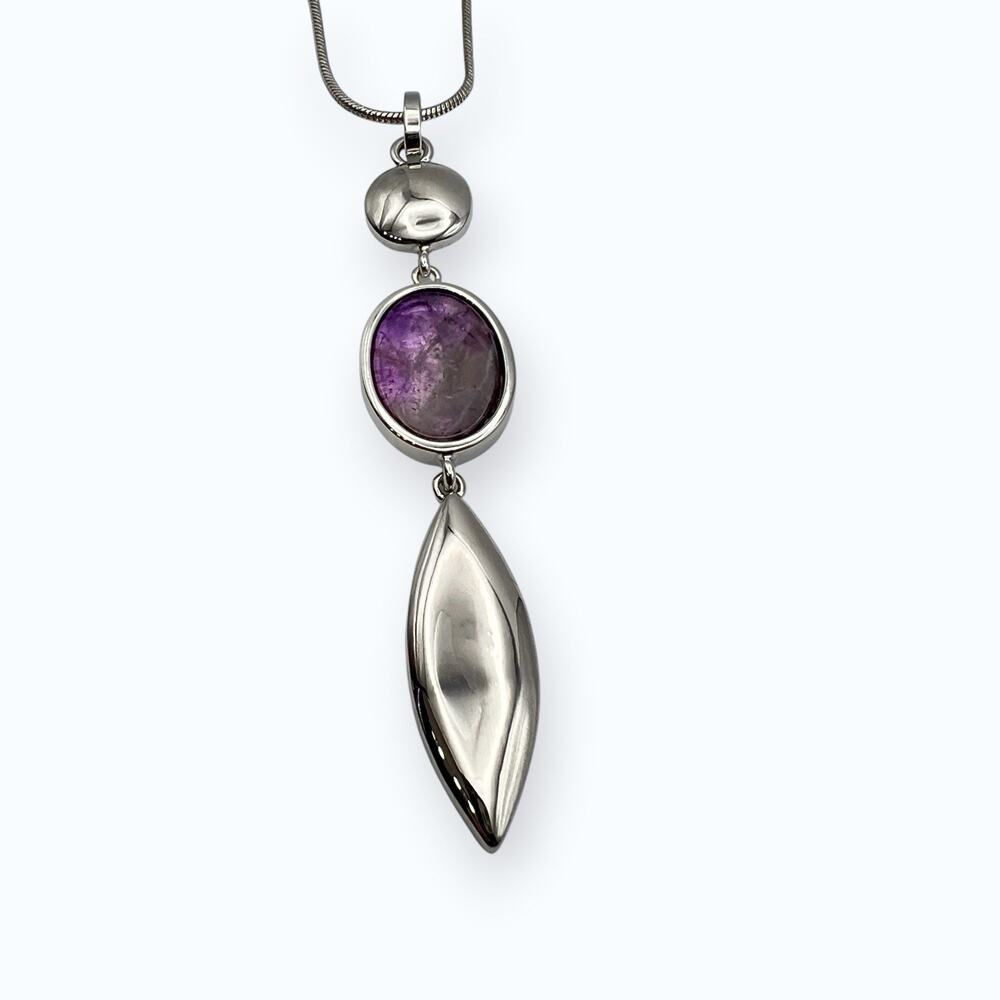 3 Tier Drop Pendant Necklace Purple Stone Polished Silver Tone Southwestern Vibe